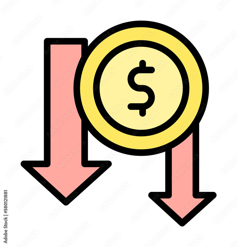 Poster arrow down coin dollar icon. simple color with outline elements of bankruptcy icons for ui and ux, w