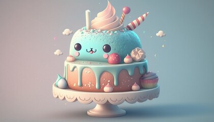 Cartoon animated sweet appetizing looking cute cake with happy smile and pretty eyes for birthday children event with pastel colors gentle and fun illustration close up and 3D picture generative ai