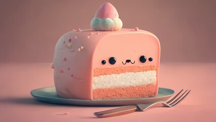 Cartoon animated sweet appetizing looking cute cake with happy smile and pretty eyes for birthday children event with pastel colors gentle and fun illustration close up and 3D picture generative ai