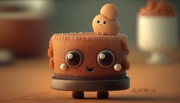Cartoon animated sweet appetizing looking cute cake with happy smile and pretty eyes for birthday children event with pastel colors gentle and fun illustration close up and 3D picture generative ai