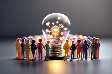 business illustration. small people characters develop creative business idea. Isometric big light bulb as metaphor idea. Graphics design Generative AI - 580123029