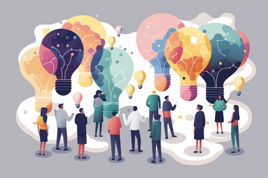 Business Illustration. Small People Characters Develop Creative Business Idea. Isometric Big Light Bulb As Metaphor Idea. Graphics Design Generative AI