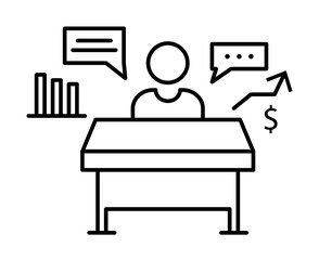 businessman at table thinks through strategy icon. Element of business icon on white background