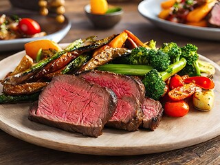 Delicious grilled stake and vegetables served on a wooden table. Generative AI
