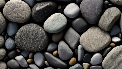 A textured background featuring pebble stones, suitable for use as a wallpaper or background image. Pebbles sea beach close-up. Generative AI.