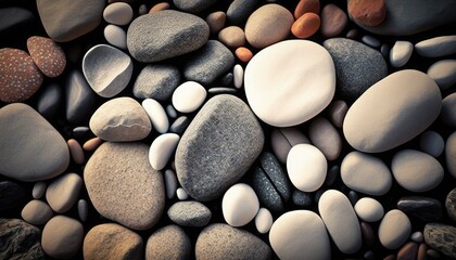 Fototapeta na wymiar A textured background featuring pebble stones, suitable for use as a wallpaper or background image. Pebbles sea beach close-up. Generative AI.