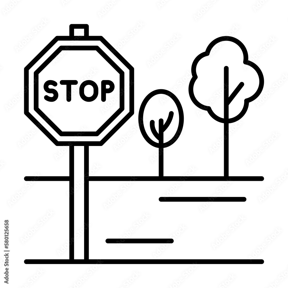 Poster stop sign, road, trees icon. simple line, outline elements of city for ui and ux, website or mobile 