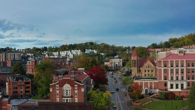 West Virginia University - Aerial Shot Along Main Street Through Campus