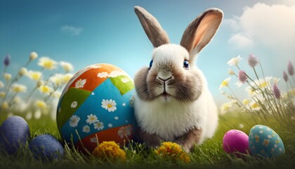 Cute easter bunny with colourful easter eggs