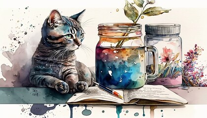 Watercolor illustration of cats. Cute watercolor cats with flowers and plants. Romantic watercolor illustration of cats. Generated by AI.
