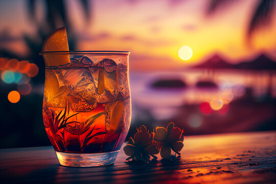 Summer cocktail at sunset with a blurred background of a beach. Vacation holiday. Generative ai