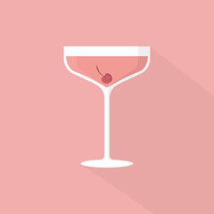 pink cocktail in a glass with cherry on a pink background, simplified vector illustration in flat and vintage style