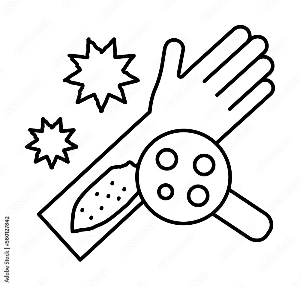 Poster hands rash magnifier bacterium icon. simple line, outline of dermatology icons for ui and ux, websit