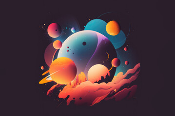 flat illustration of universe, colorful banner with planets, stars, dark background,  AI