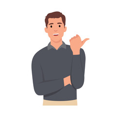 Vector concept illustration Handsome Businessman showing and pointing fingers upper left and right corner with happy expression advices use this copy space