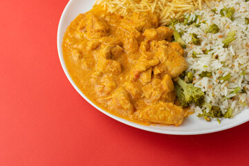 Meal - Chicken Stroganoff, rice, beans, potato straw and salad