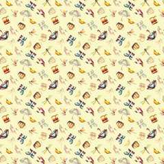 Fototapeta na wymiar Pattern. Watercolor baby illustration. Watercolor baby pattern with ducklings, boots umbrella and ships