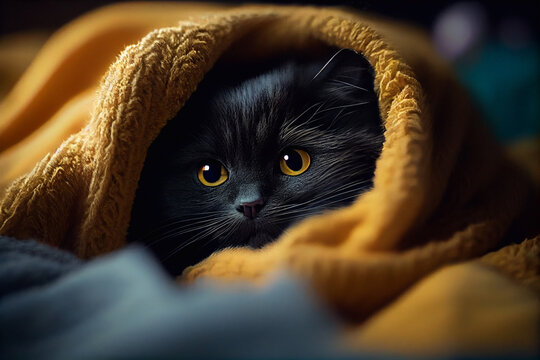 Black cat with yellow eyes snuggled up in a fuzzy blanket on a bed - Ai generative