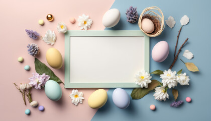 Naklejka na ściany i meble Easter themed top down flat lay. Eggs, flowers and pastel colors with empty copy space frame.
