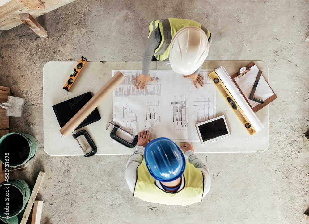 Poster architect, engineer and planning with blueprint, paper and collaboration for construction design for