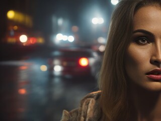 Beautiful caucasian woman at night city. Generative AI
