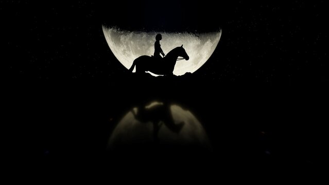 A rider on a horse against the background of a full moon with a mirror image
