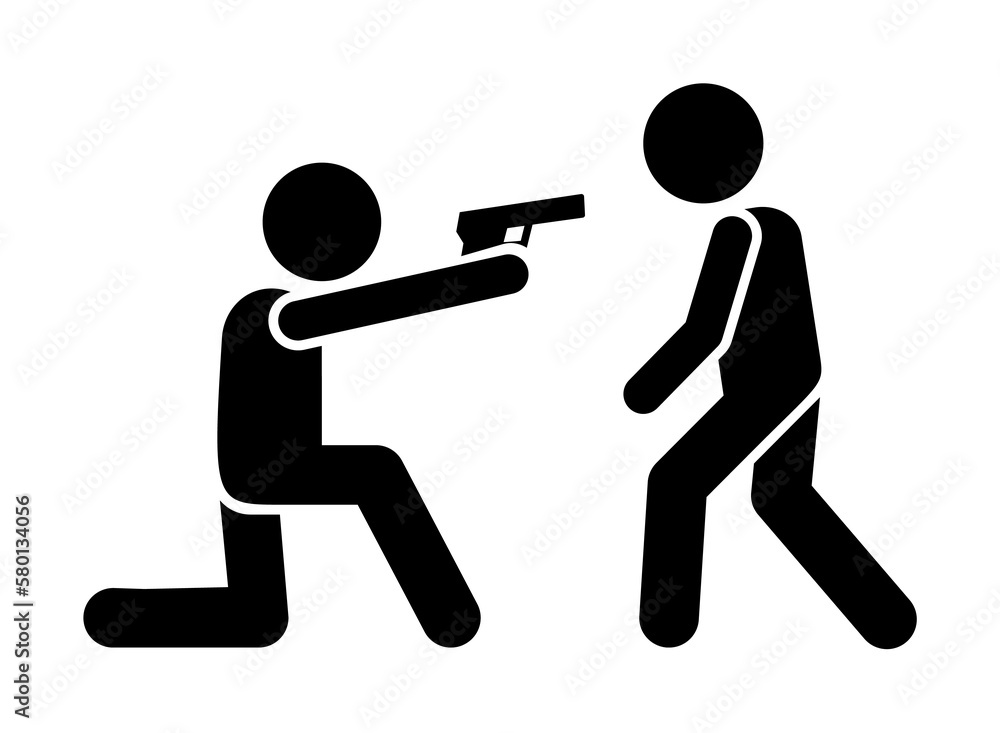 Poster men shoot gun icon. simple warning armed man icons for ui and ux website or mobile application on wh