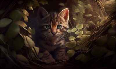 Animal Portrait. Cute kitten in the jungle. Cinematic lighting. 3D rendering