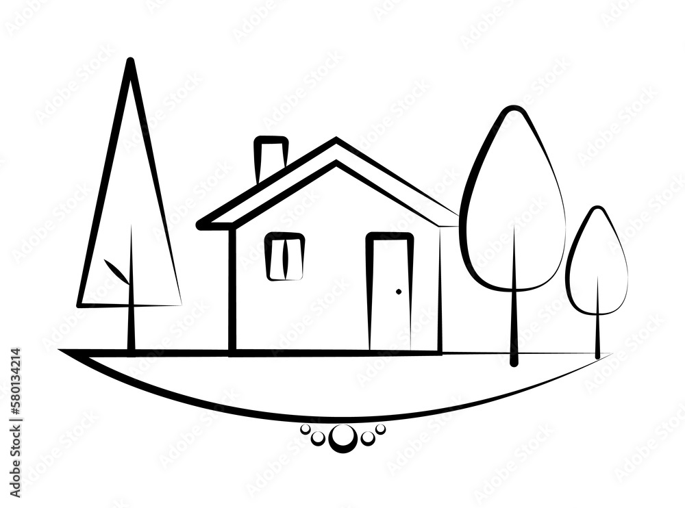 Poster tree and home icon. element of landscape icon for mobile concept and web apps. hand drawn tree and h