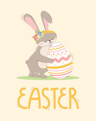 Cute hare hugging a decorated egg. Vector cartoon Easter gift card with lettering.