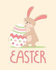 Cute hare hugging a decorated egg. Vector cartoon Easter gift card with lettering.
