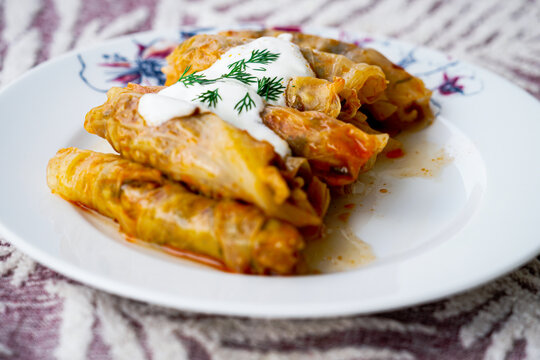 Stuffed cabbage roll with yoghurt sauce and fresh dill, traditional turkish food