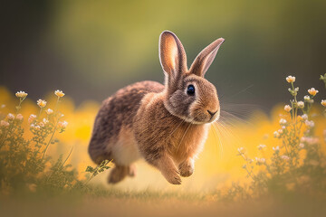 Fototapeta premium Hasen auf einem Frühlingsfeld created with Generative AI technologies