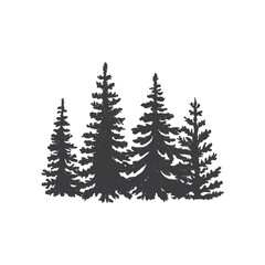 Hand drawn forest fir trees silhouettes, coniferous spruce horizontal background pattern