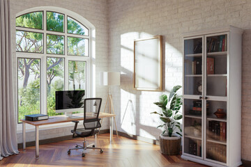 comfortable workplace with pc standing on wooden desk in office at home; bright sunlight shines through large window; wall with canvas copy space;  remote work freelance concept; 3D Illustration