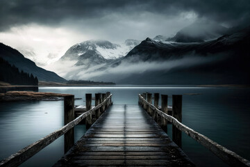 Majestic Serenity: Weathered Wooden Pier Amidst Misty Mountains or Forest Reflections (created with Generative AI)