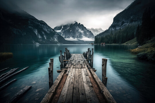 Fototapeta Tranquility at Dawn: A Weathered Wooden Pier on a Serene Lake or River in a Misty Landscape (created with Generative AI)