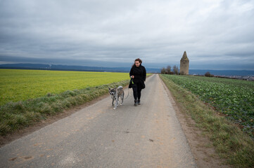 Woman with brown curly hair and black coat is walking her akita inu dog with gray fur in front of wartturm, schaafheim during cloudy day