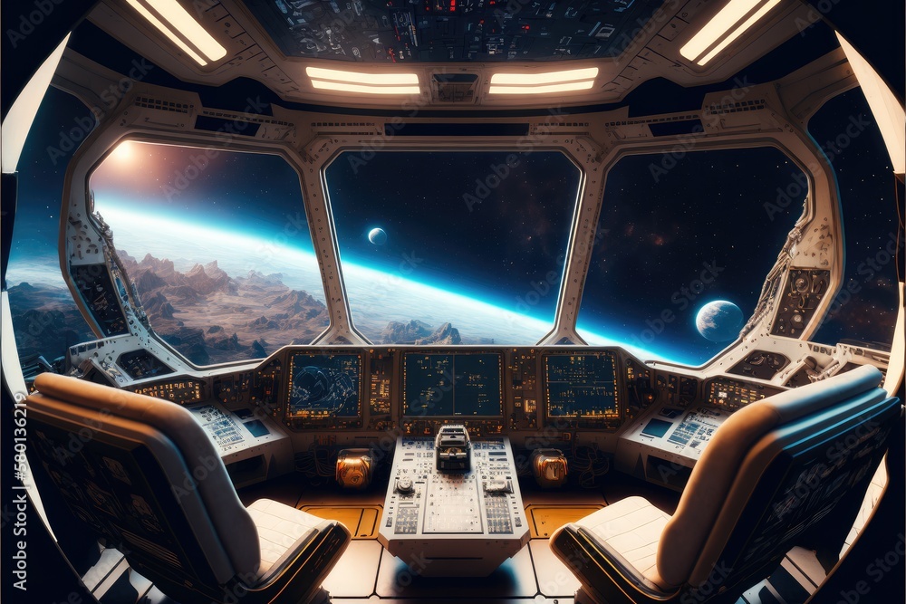 Poster outer view of spaceship window with control system room. abstract discover new planet in space. fine