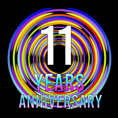 11 years anniversary, for anniversary and anniversary celebration logo, vector design colorful isolated on  black background