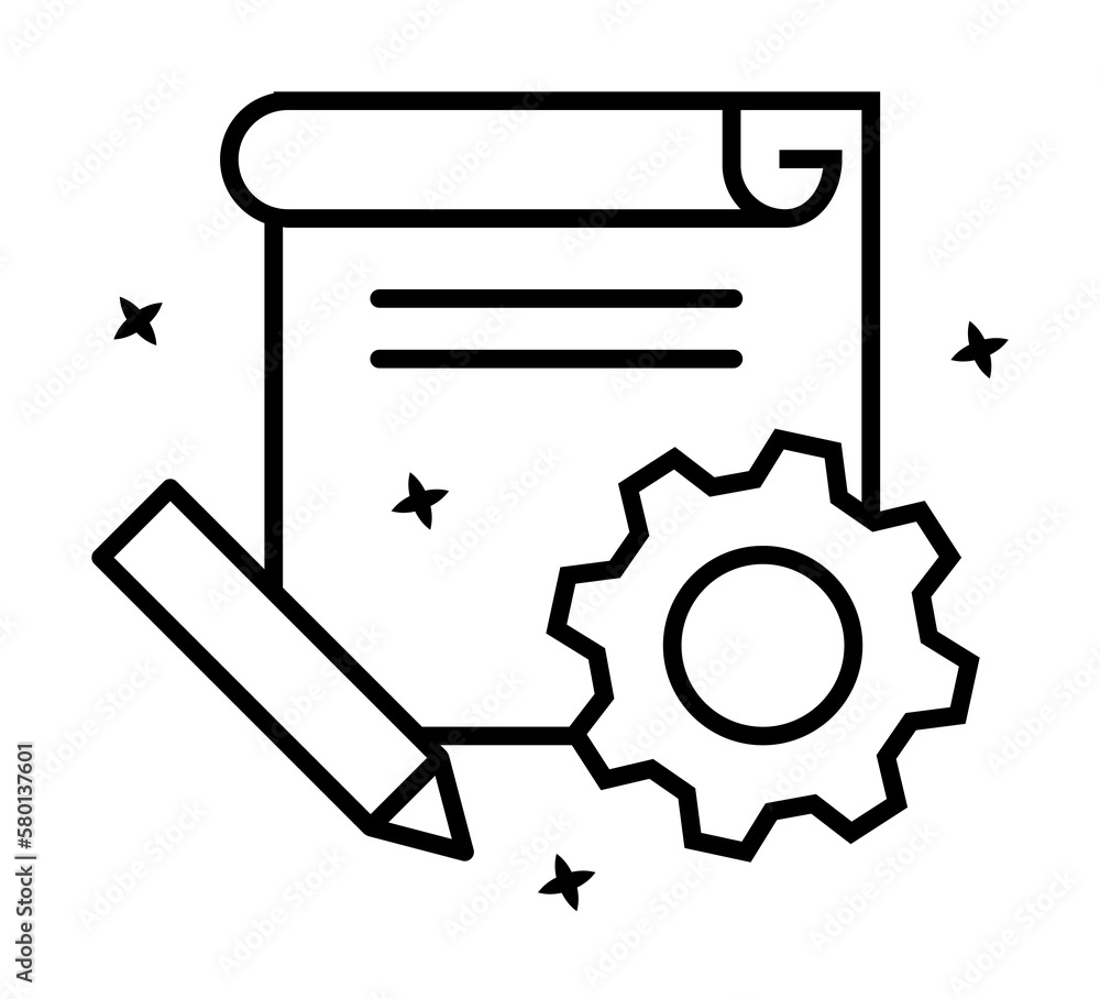 Poster gear document pen icon. simple line, outline of project management icons for ui and ux, website or m