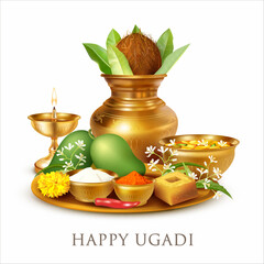 Greeting background with Kalash, traditional pachadi, diya (oil lamp) and pooja thali (tray) for Indian New Year festival Ugadi (Yugadi, Gudi Padwa). Vector illustration.