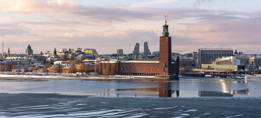 Panoramic view of Stockholm city Hall on sunny winter evening