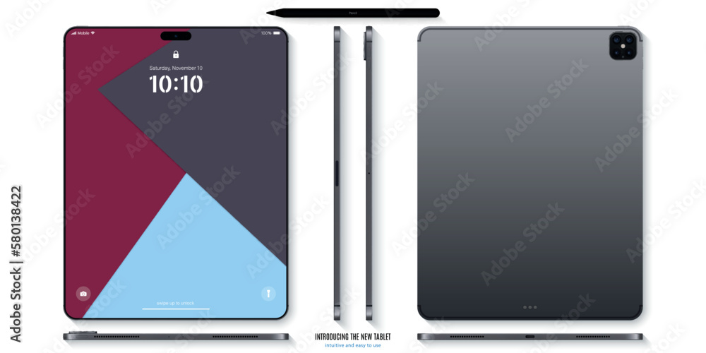 Poster new frameless tablet gray color with colorful screen and stylus top view isolated on white backgroun