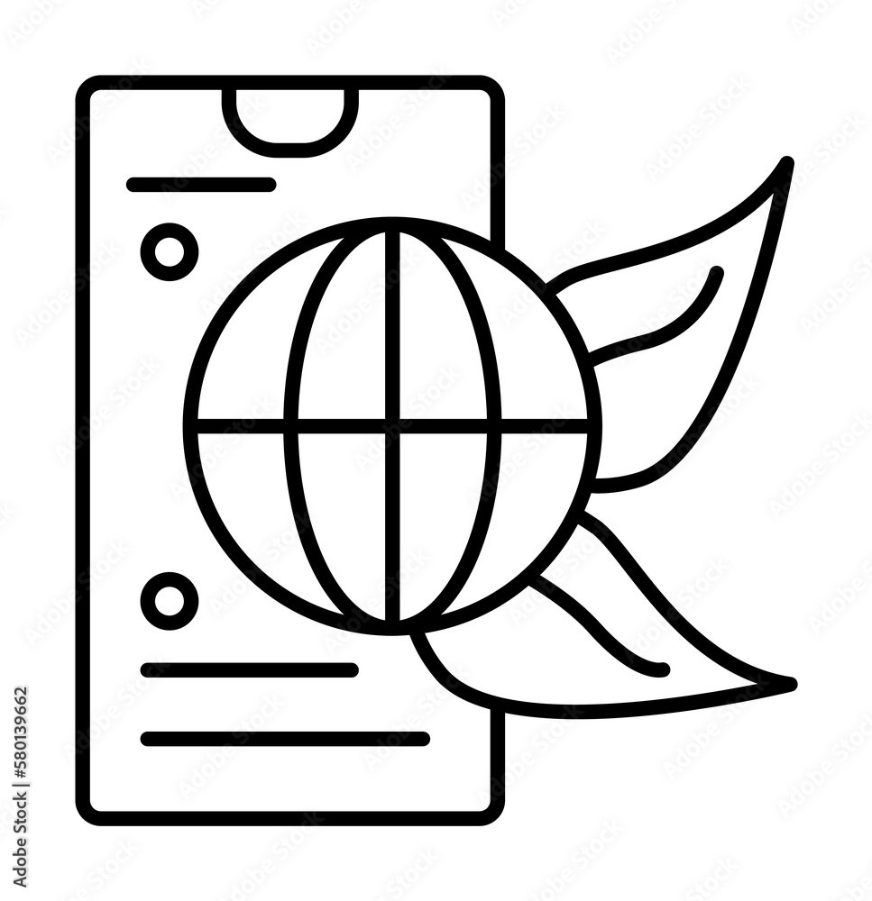 Poster smartphone globe leaf ecology icon. simple line, outline of phone application icons for ui and ux, w