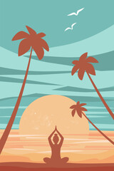 Abstract simple contemporary poster with palm trees, ocean, silhouette of a girl in a lotus position. woman doing yoga on the seashore. Vector graphics.