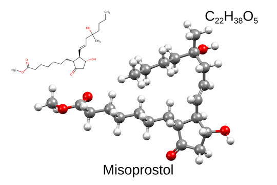 Chemical formula, structural formula and 3D ball-and-stick model of misoprostol, a synthetic prostaglandin medication