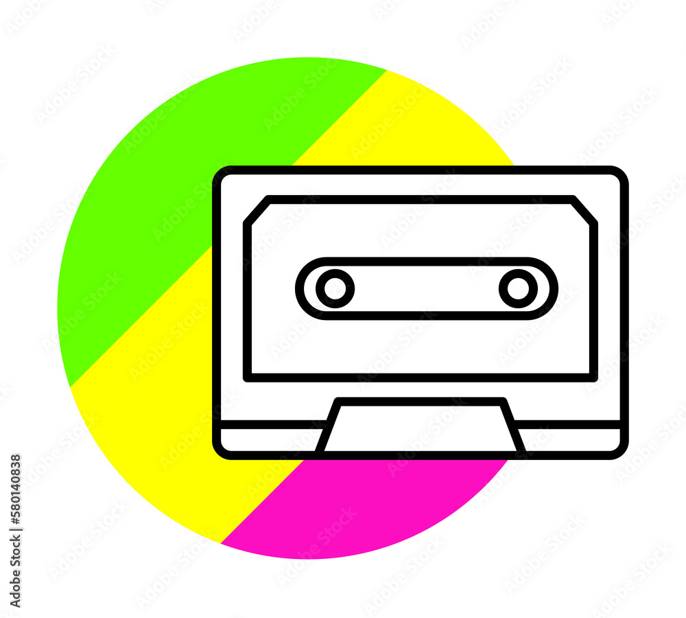 Poster cassette technology music sound icon. simple line, outline in color circle of retro 90s style icons 