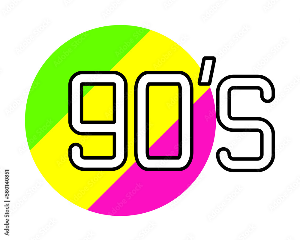 Poster decade the 90s icon. simple line, outline in color circle of retro 90s style icons for ui and ux, we