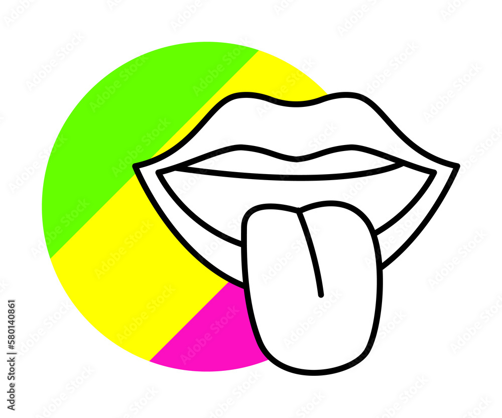 Poster lips tongue icon. simple line, outline in color circle of retro 90s style icons for ui and ux, websi